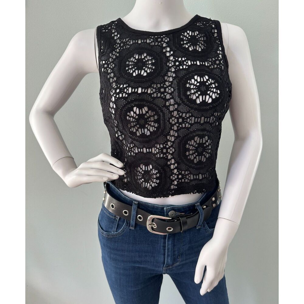 Bisou Bisou Vintage Y2k Black Crochet Knit Sleeveless Crop Top size XS